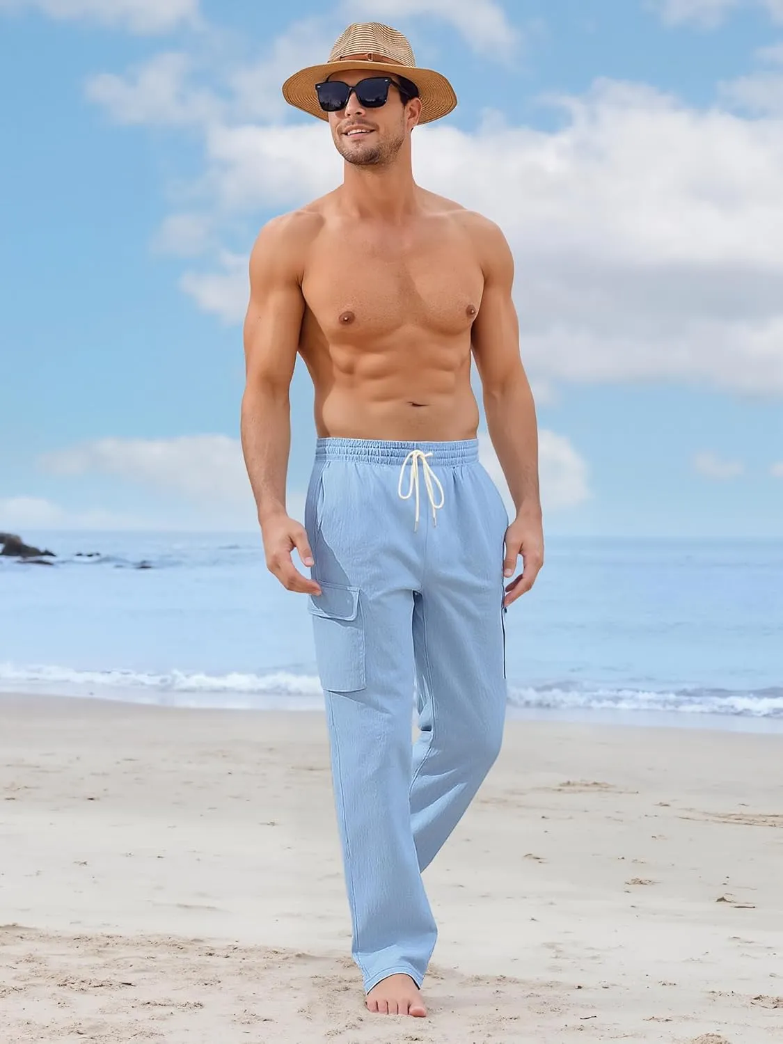 Mens Linen Pants Casual Summer Beach Pants Lightweight Drawstring Yoga Trousers Vacation Cargo Pants with Pockets