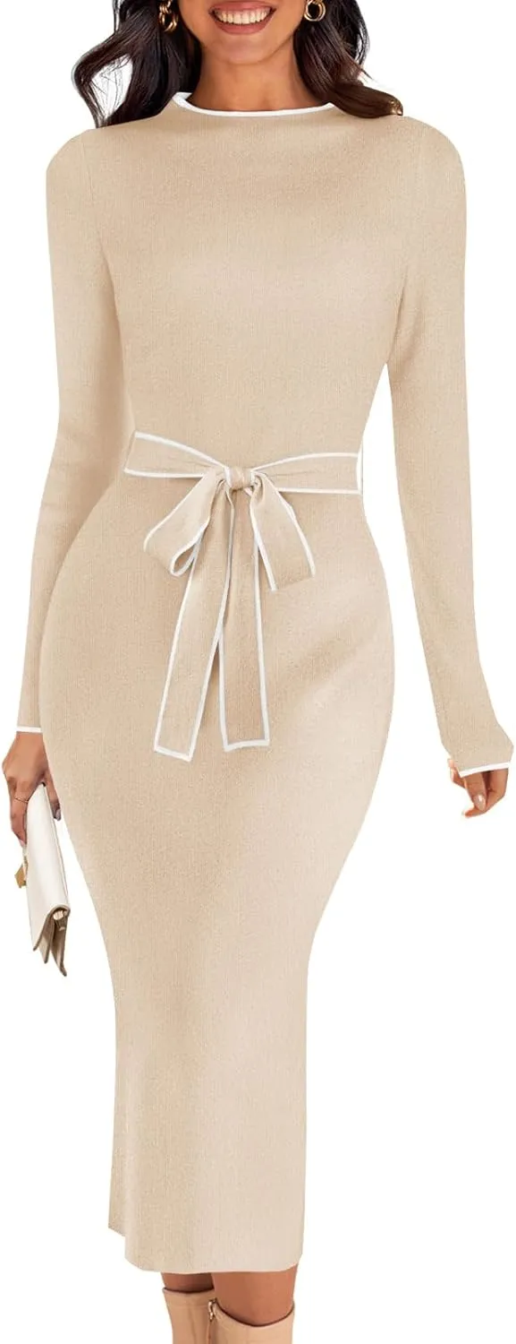 MEROKEETY Women's 2025 Long Sleeve Midi Sweater Dress Fall Mock Neck Color Block Tie Waist Bodycon Knit Dress