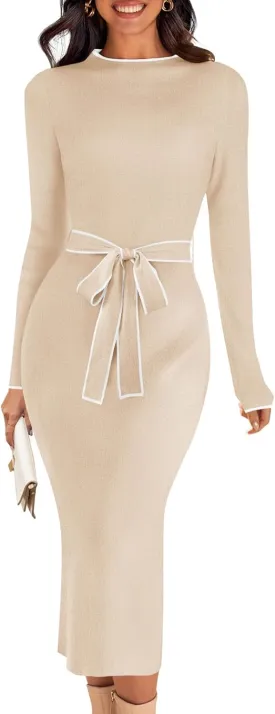 MEROKEETY Women's 2025 Long Sleeve Midi Sweater Dress Fall Mock Neck Color Block Tie Waist Bodycon Knit Dress