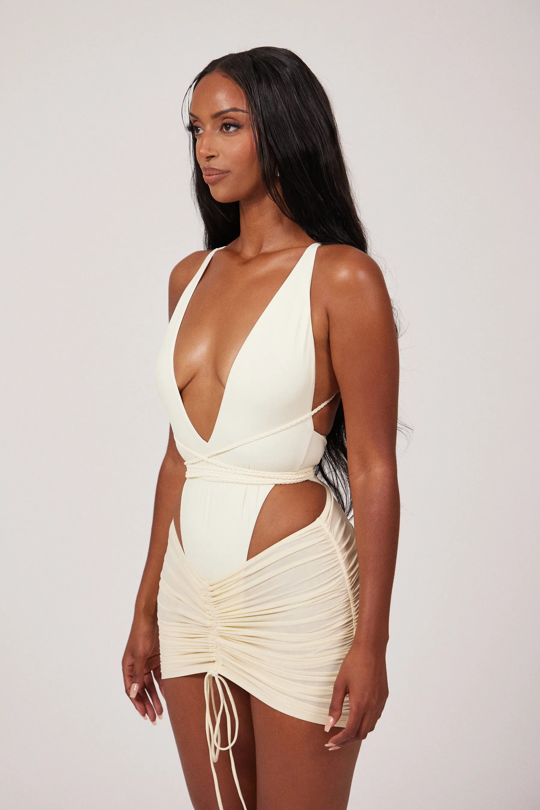 Mesh Ruched Coverup Skirt - Cream