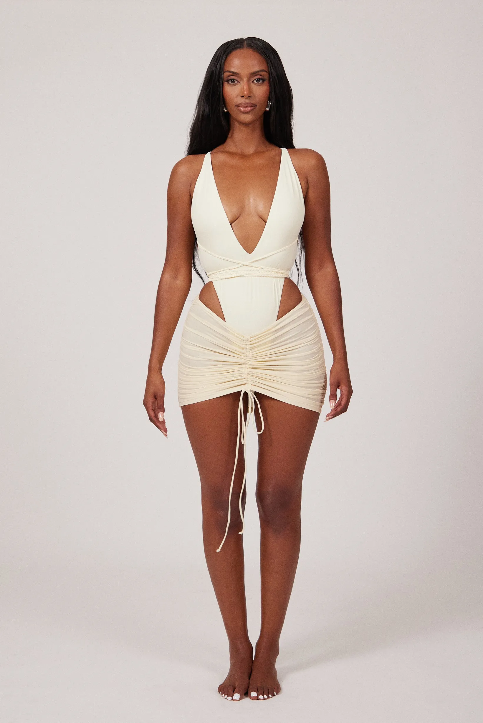 Mesh Ruched Coverup Skirt - Cream