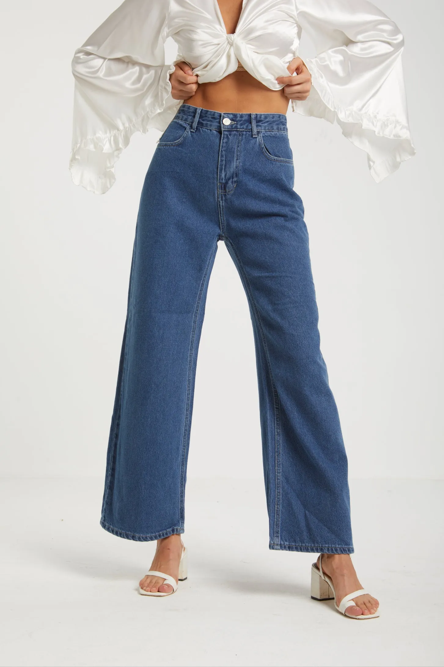 MID RISE WIDE LEG JEANS- MID WASH