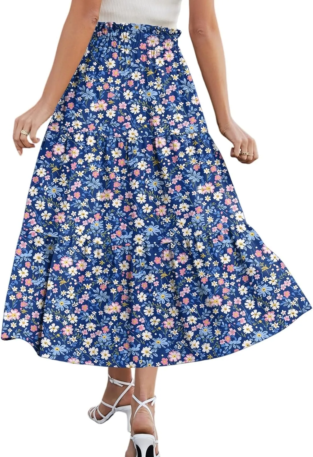 Midi Skirt for Women Summer Layered Tiered High Waisted Knee Length Skirt A Line Swing Floral Print Skirts with Pockets