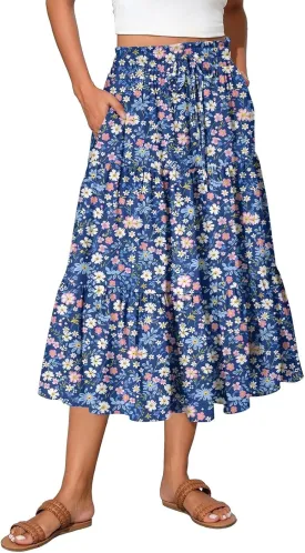 Midi Skirt for Women Summer Layered Tiered High Waisted Knee Length Skirt A Line Swing Floral Print Skirts with Pockets