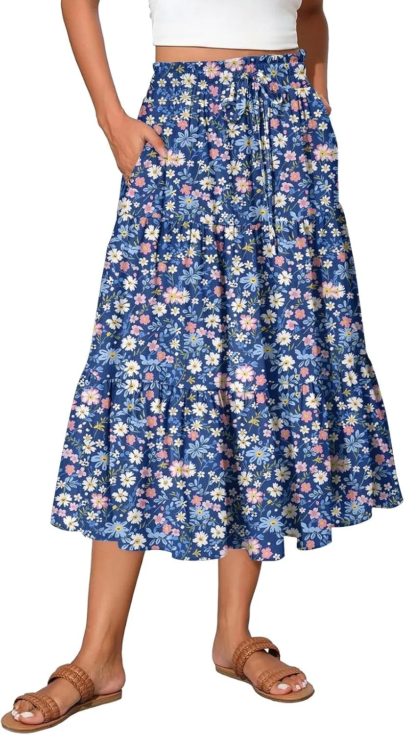 Midi Skirt for Women Summer Layered Tiered High Waisted Knee Length Skirt A Line Swing Floral Print Skirts with Pockets