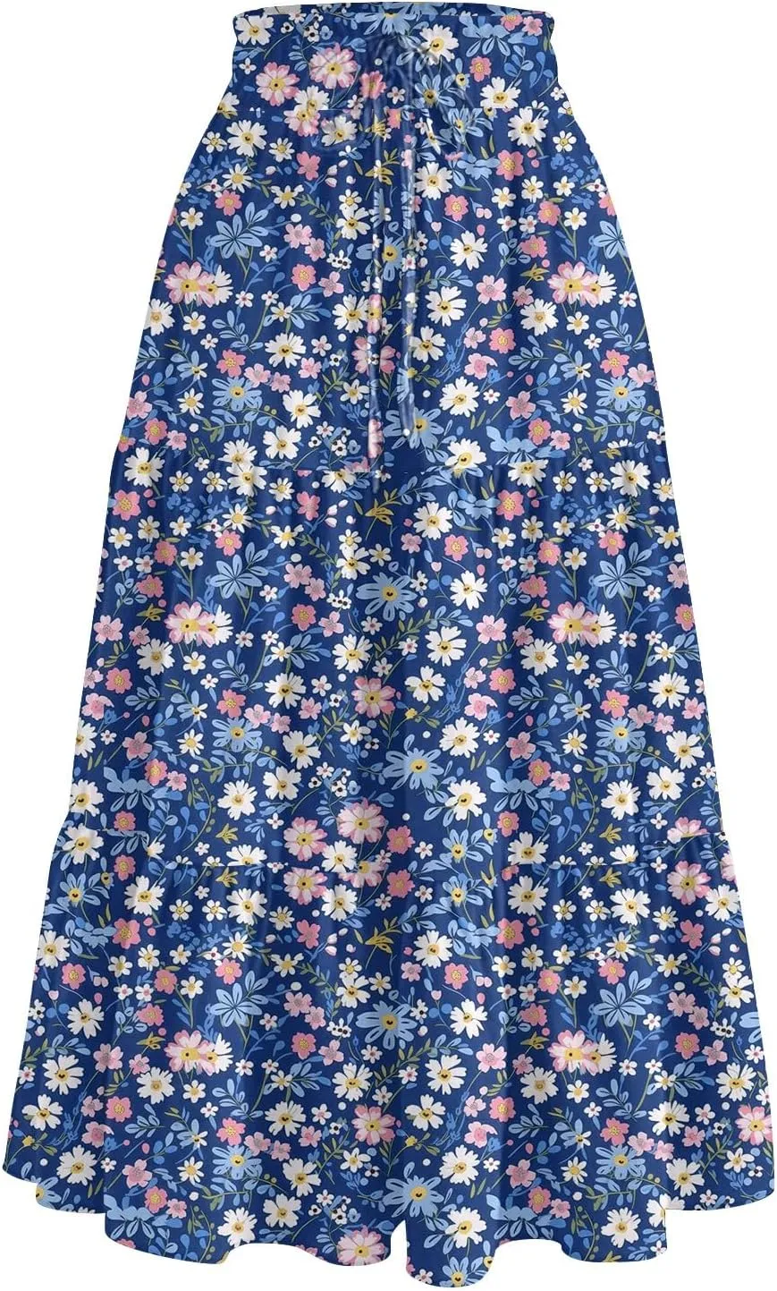 Midi Skirt for Women Summer Layered Tiered High Waisted Knee Length Skirt A Line Swing Floral Print Skirts with Pockets