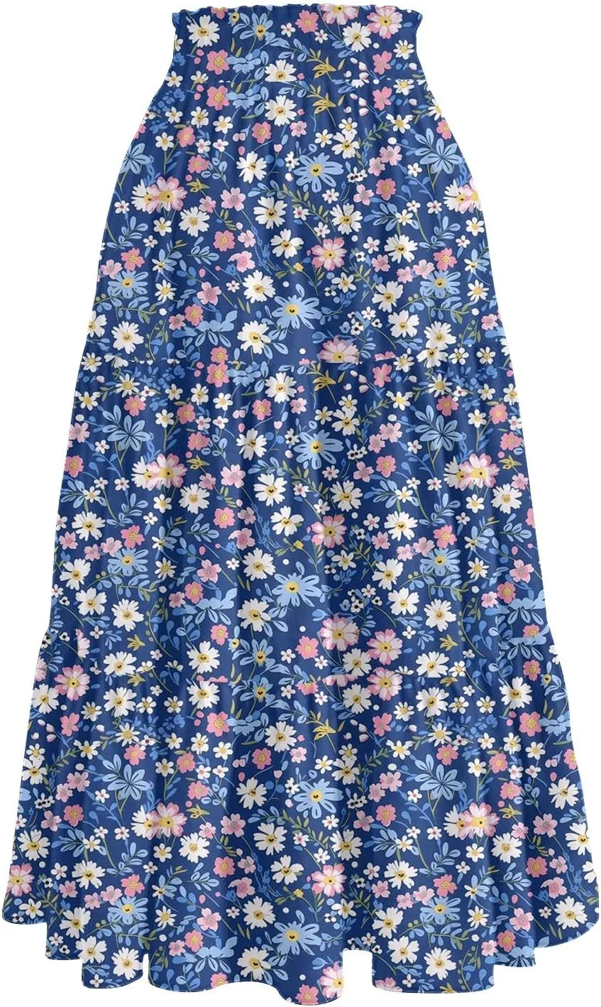Midi Skirt for Women Summer Layered Tiered High Waisted Knee Length Skirt A Line Swing Floral Print Skirts with Pockets