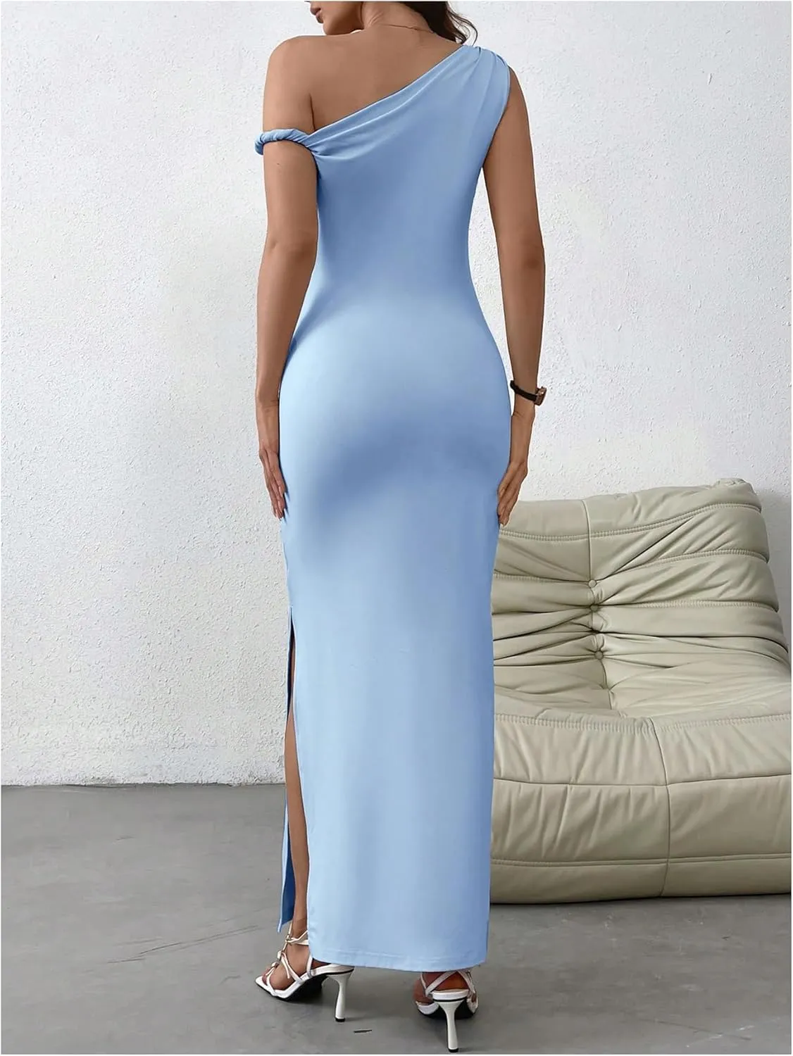 Milumia Women's One Shoulder Twisted Asymmetrical Neck Sleeveless Bodycon Maxi Dresses