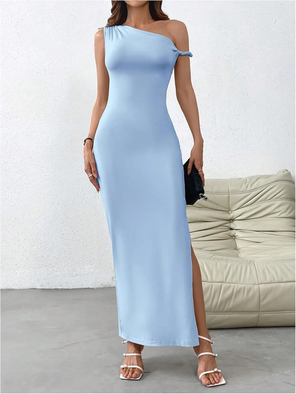 Milumia Women's One Shoulder Twisted Asymmetrical Neck Sleeveless Bodycon Maxi Dresses