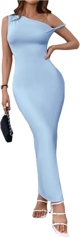 Milumia Women's One Shoulder Twisted Asymmetrical Neck Sleeveless Bodycon Maxi Dresses