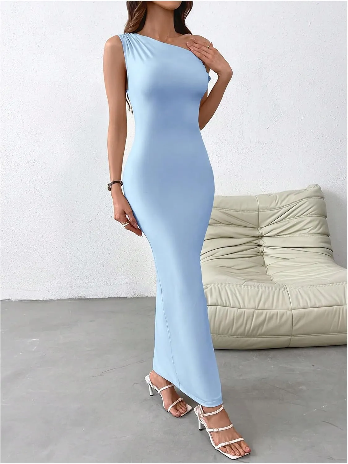 Milumia Women's One Shoulder Twisted Asymmetrical Neck Sleeveless Bodycon Maxi Dresses