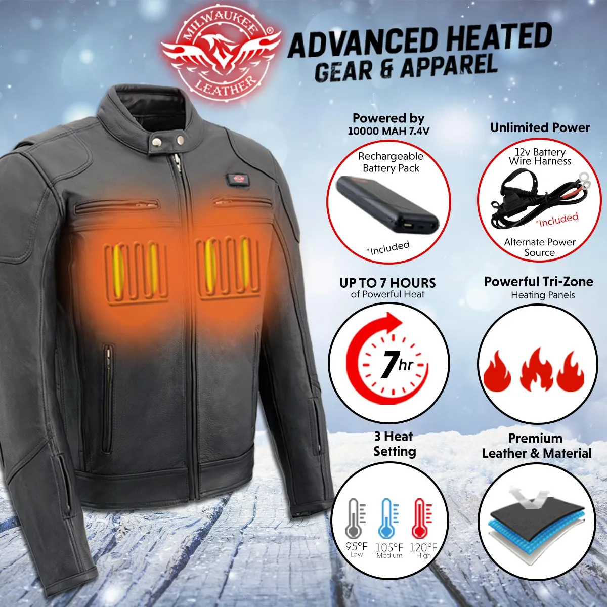 Milwaukee Leather Heated Jacket for Men's Black Cowhide Leather -