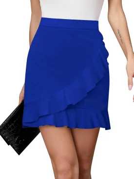 Missufe Women's Summer Casual Wrap Ruffle Hem High Waist Stretch Solid Mini Short Skirt