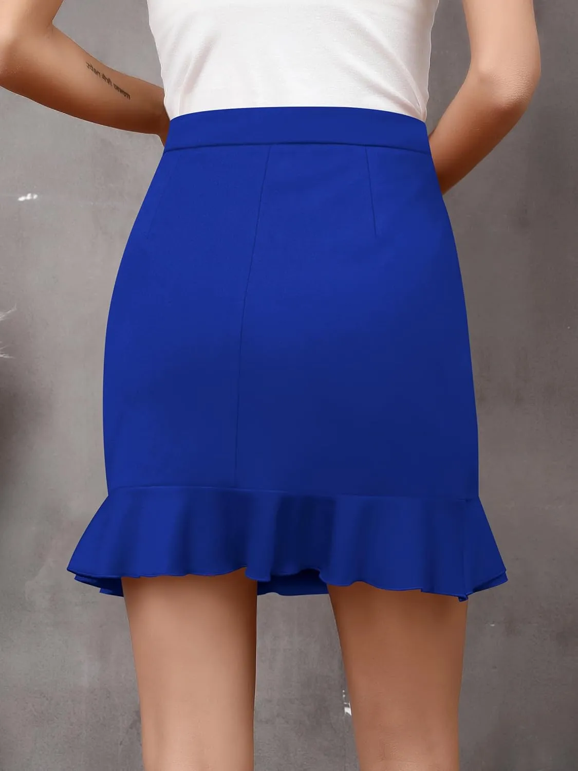 Missufe Women's Summer Casual Wrap Ruffle Hem High Waist Stretch Solid Mini Short Skirt