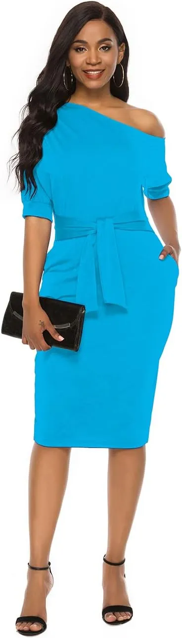 Nature Comfy Elegant Womens Wear to Work Casual one Shoulder Belted Pencil Dress with Pockets