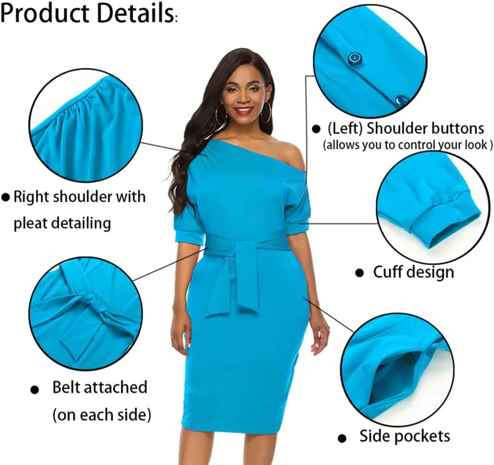 Nature Comfy Elegant Womens Wear to Work Casual one Shoulder Belted Pencil Dress with Pockets