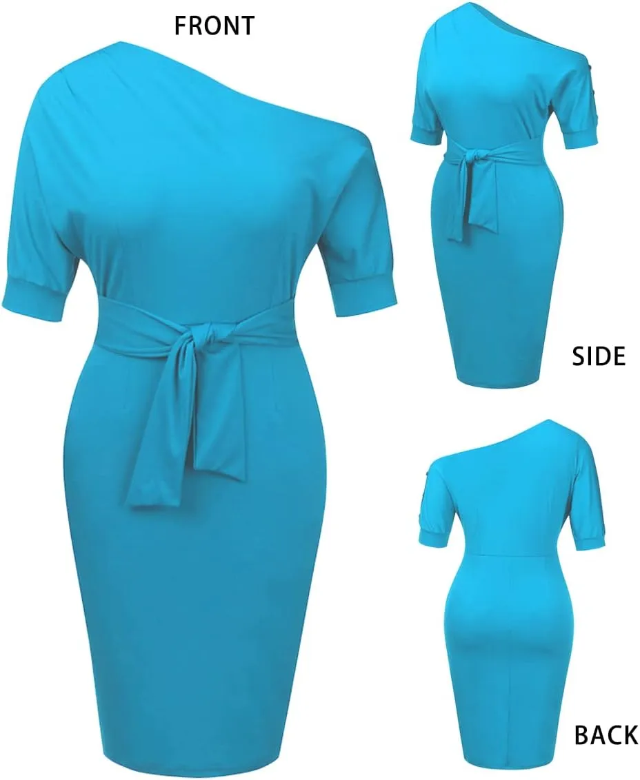 Nature Comfy Elegant Womens Wear to Work Casual one Shoulder Belted Pencil Dress with Pockets