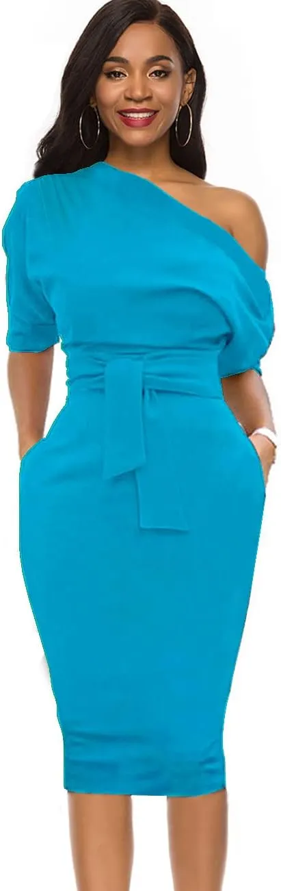 Nature Comfy Elegant Womens Wear to Work Casual one Shoulder Belted Pencil Dress with Pockets