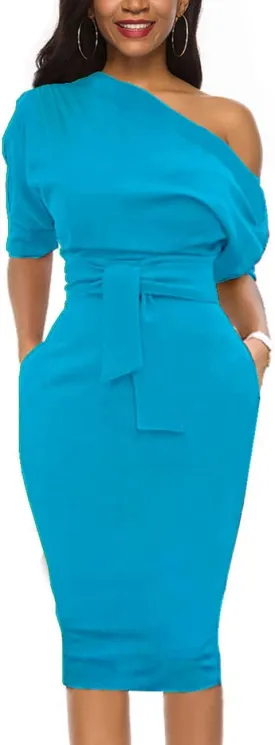 Nature Comfy Elegant Womens Wear to Work Casual one Shoulder Belted Pencil Dress with Pockets