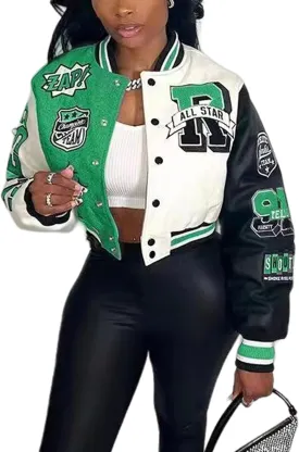 Perbai Women's Cropped Varsity Jacket Colorblock Letter Print Button Down Letterman Bomber Coat with Pockets Y2K Streetwear