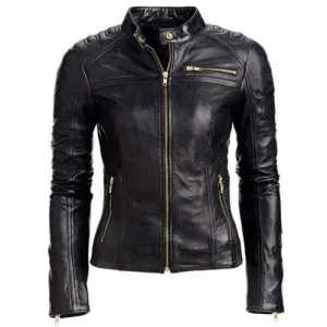 Petite Black Women's Slim Fit Biker Style Real Leather Jacket