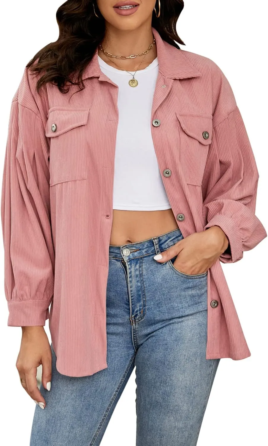 Plus Size Corduroy Jacket for Women Casual Long Sleeve Button Down Shacket Jacket