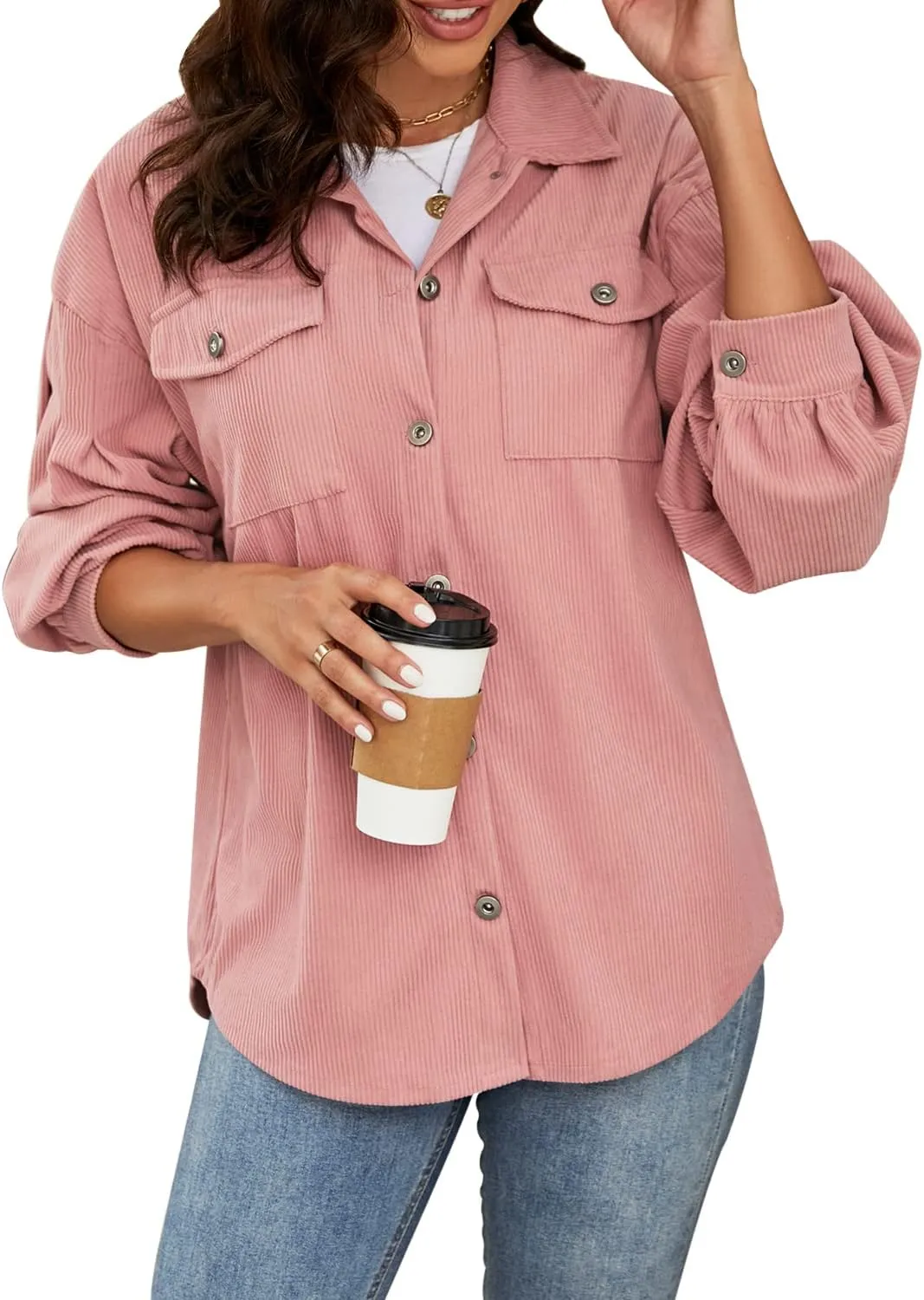 Plus Size Corduroy Jacket for Women Casual Long Sleeve Button Down Shacket Jacket
