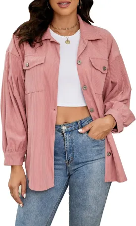 Plus Size Corduroy Jacket for Women Casual Long Sleeve Button Down Shacket Jacket
