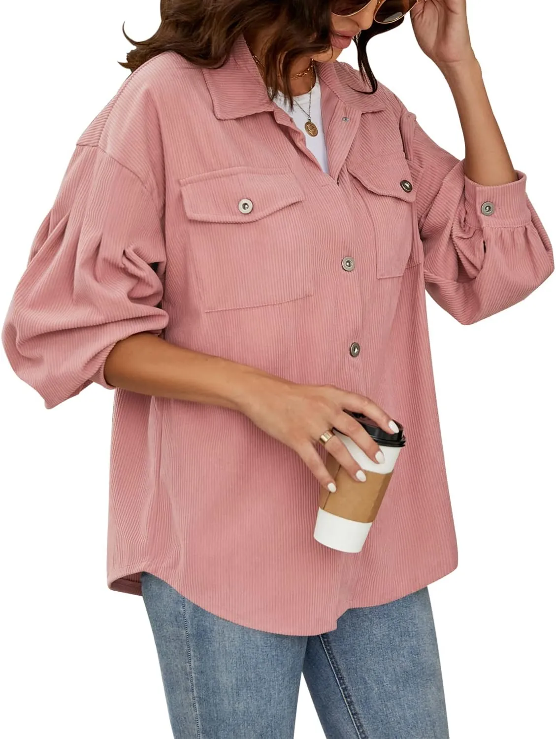 Plus Size Corduroy Jacket for Women Casual Long Sleeve Button Down Shacket Jacket