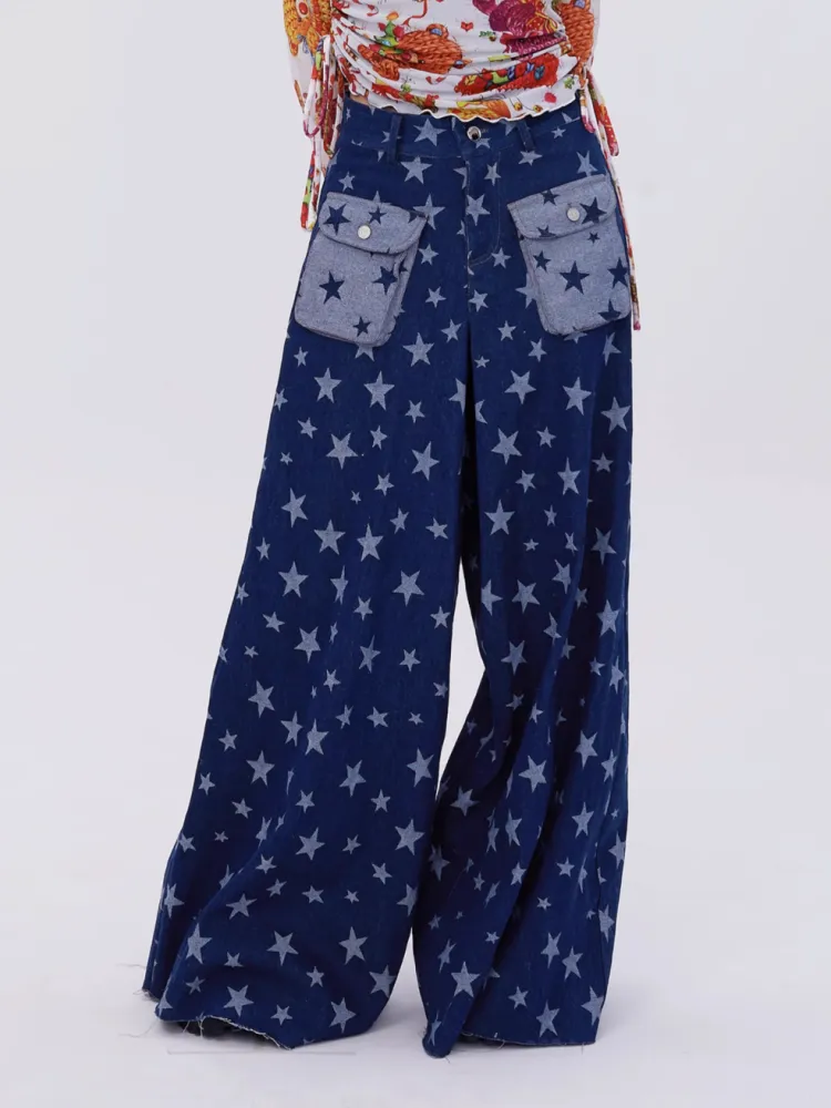 Retro Cute Y2K Star Pattern Wide Leg Loose Mop Jeans Pants【s0000003179】