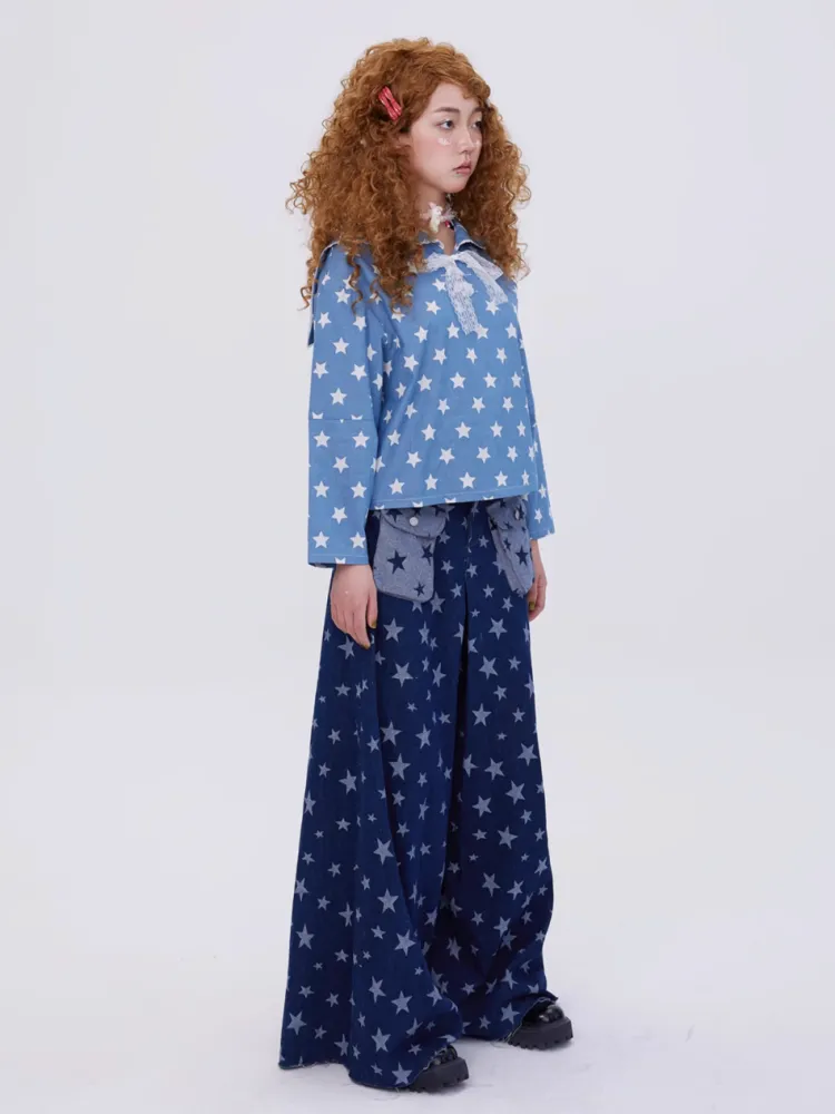Retro Cute Y2K Star Pattern Wide Leg Loose Mop Jeans Pants【s0000003179】
