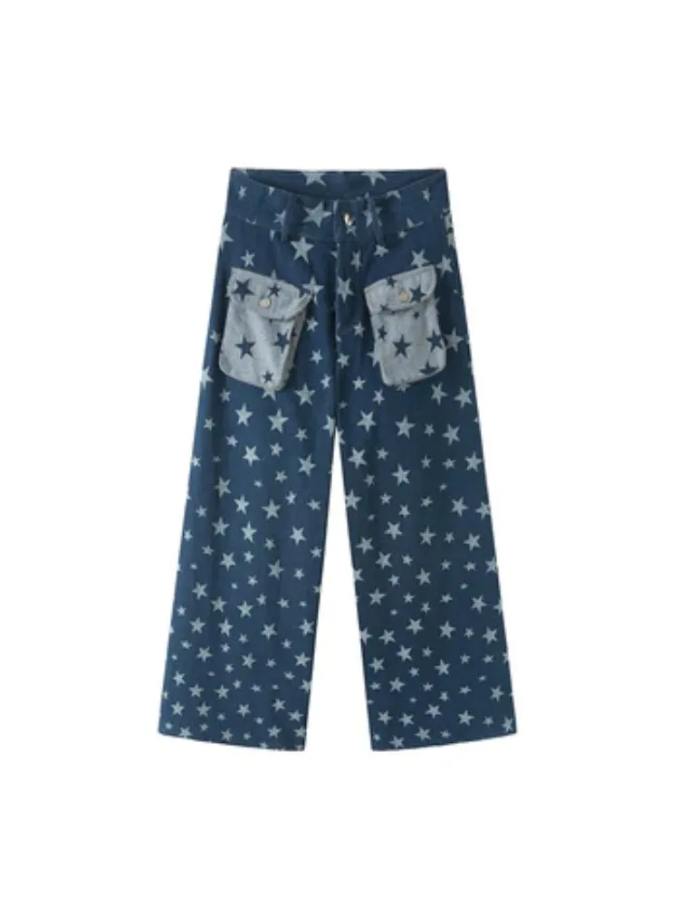 Retro Cute Y2K Star Pattern Wide Leg Loose Mop Jeans Pants【s0000003179】