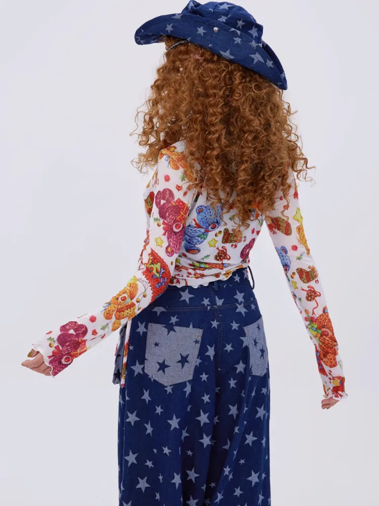 Retro Cute Y2K Star Pattern Wide Leg Loose Mop Jeans Pants【s0000003179】