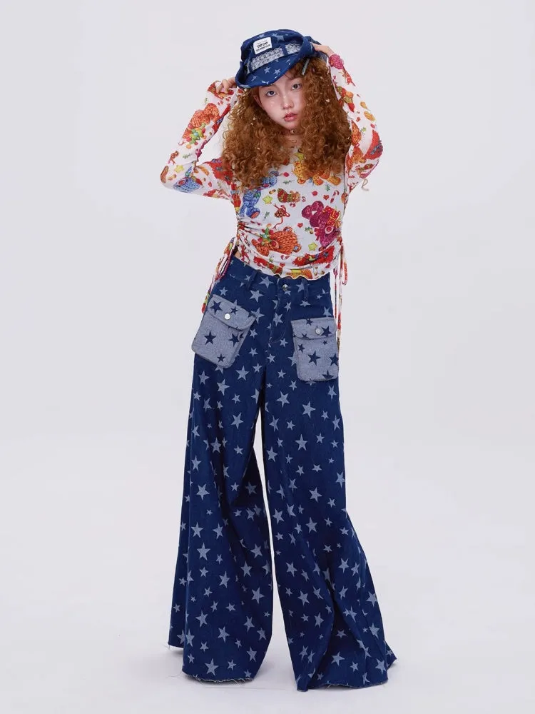 Retro Cute Y2K Star Pattern Wide Leg Loose Mop Jeans Pants【s0000003179】