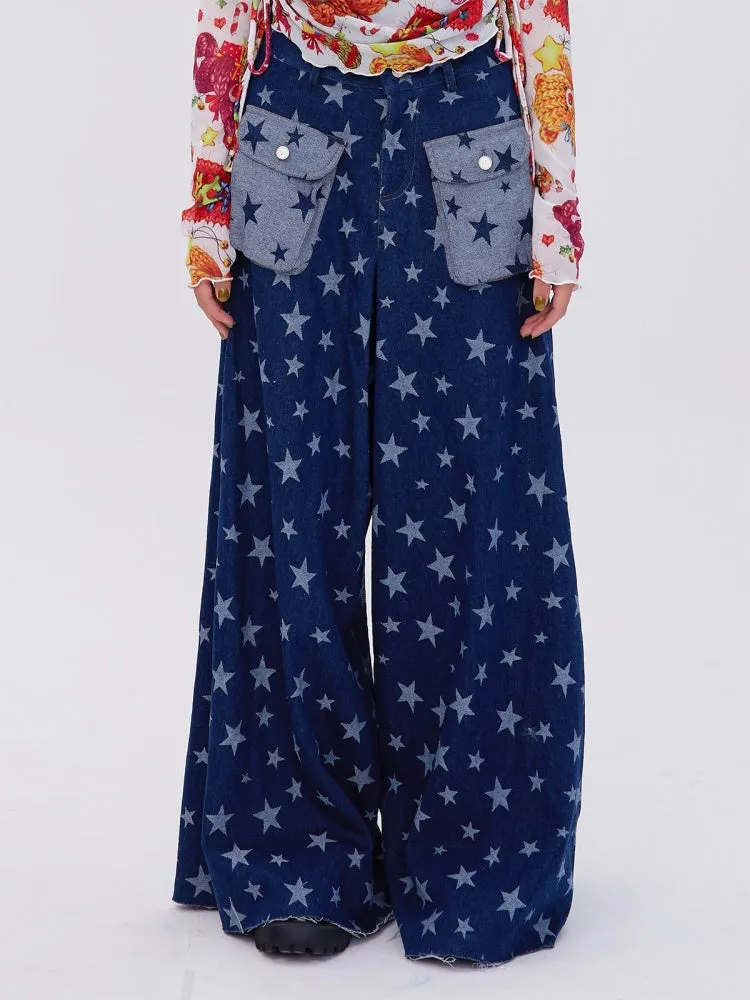 Retro Cute Y2K Star Pattern Wide Leg Loose Mop Jeans Pants【s0000003179】