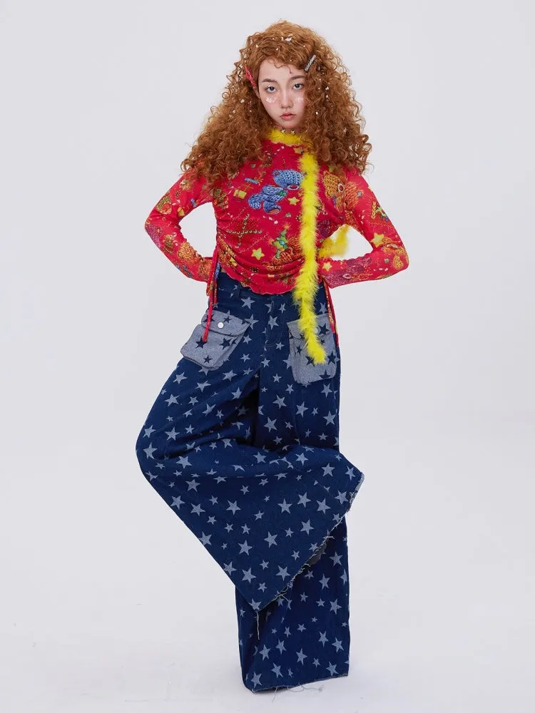 Retro Cute Y2K Star Pattern Wide Leg Loose Mop Jeans Pants【s0000003179】