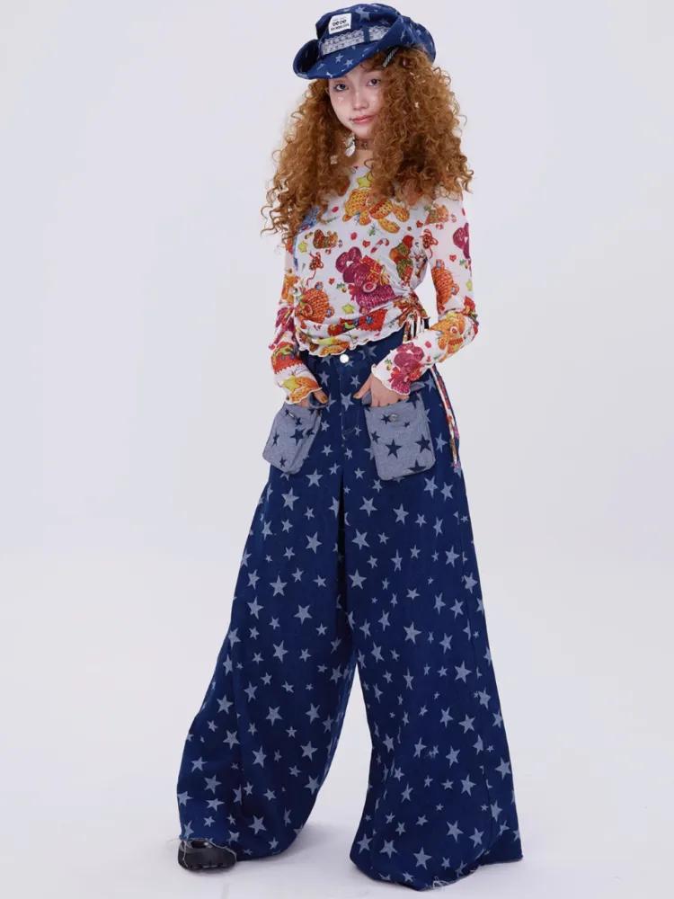 Retro Cute Y2K Star Pattern Wide Leg Loose Mop Jeans Pants【s0000003179】