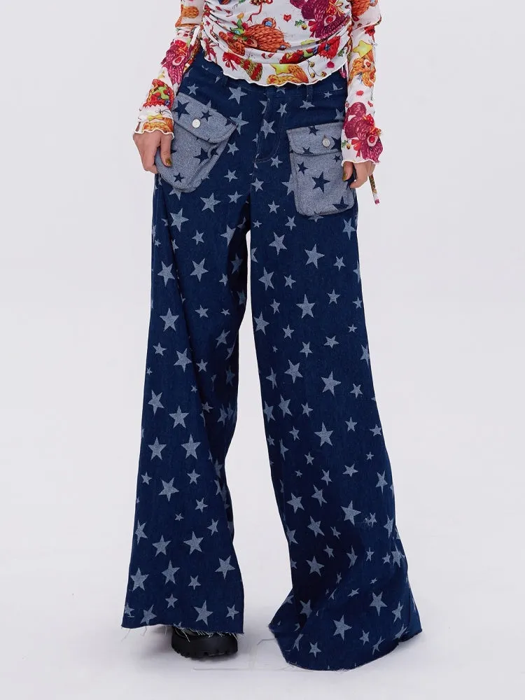Retro Cute Y2K Star Pattern Wide Leg Loose Mop Jeans Pants【s0000003179】