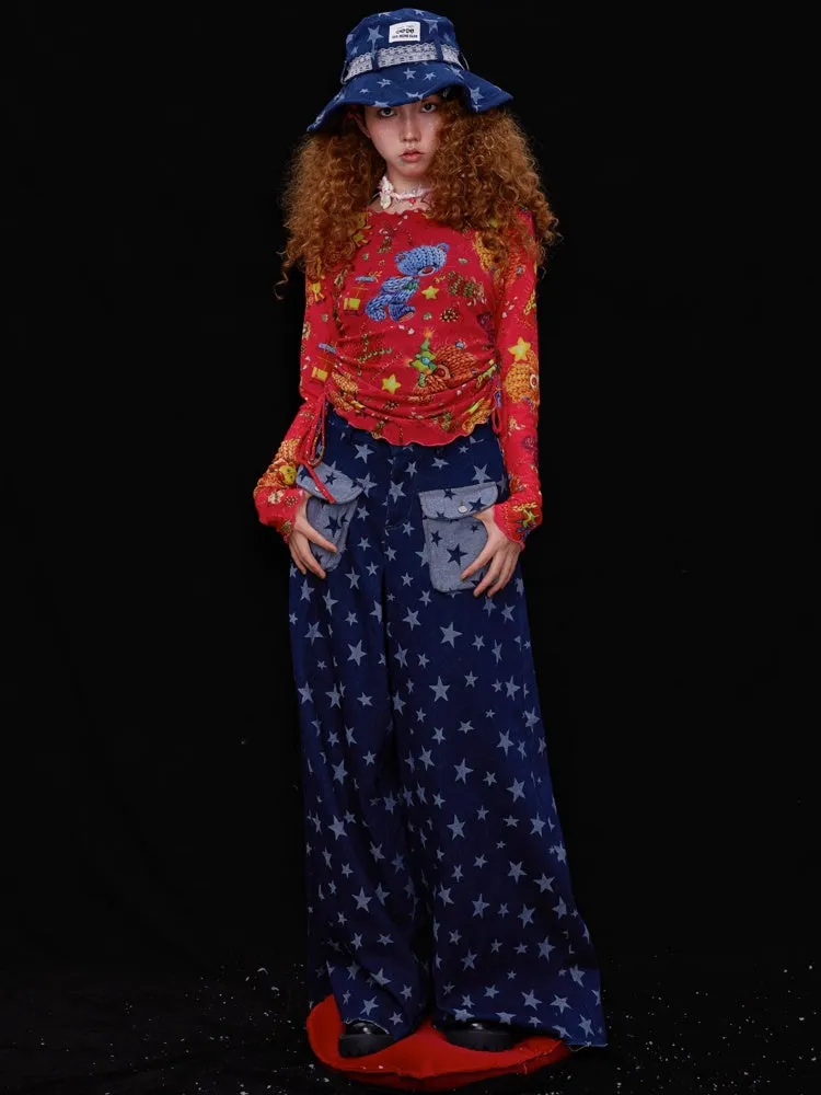 Retro Cute Y2K Star Pattern Wide Leg Loose Mop Jeans Pants【s0000003179】