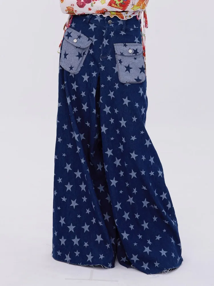 Retro Cute Y2K Star Pattern Wide Leg Loose Mop Jeans Pants【s0000003179】