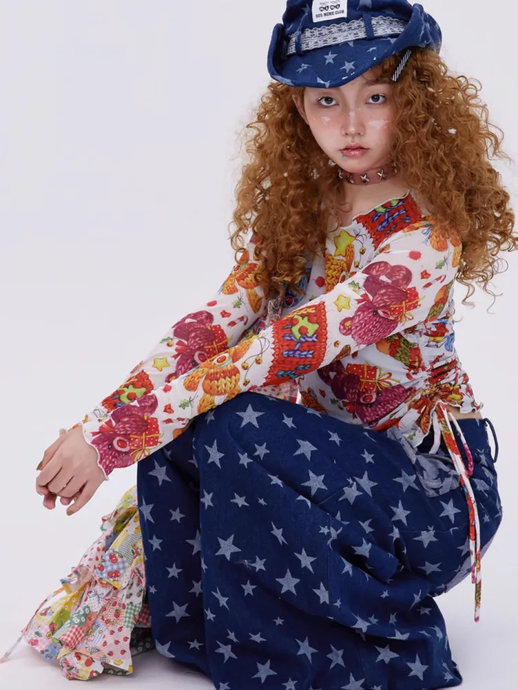 Retro Cute Y2K Star Pattern Wide Leg Loose Mop Jeans Pants【s0000003179】