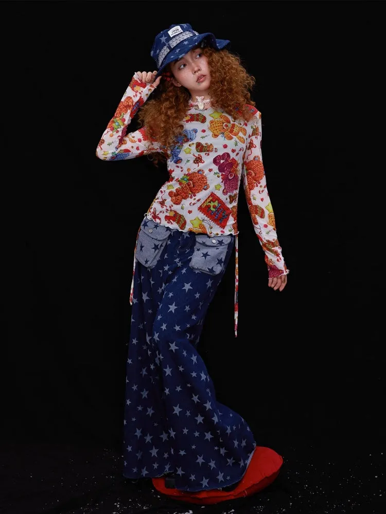 Retro Cute Y2K Star Pattern Wide Leg Loose Mop Jeans Pants【s0000003179】