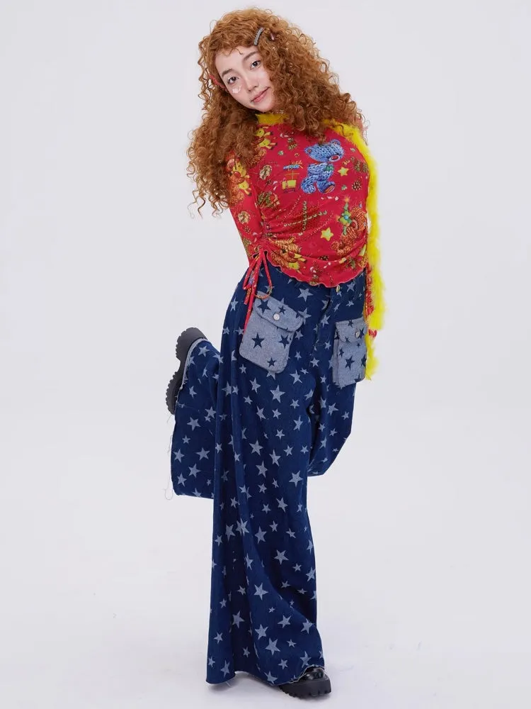 Retro Cute Y2K Star Pattern Wide Leg Loose Mop Jeans Pants【s0000003179】