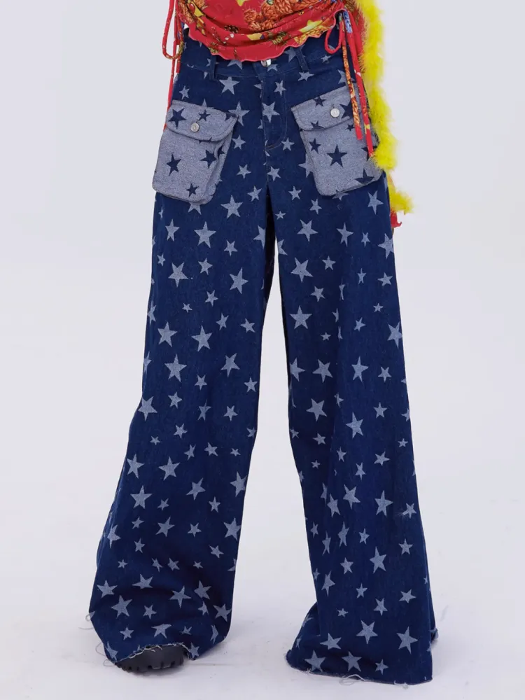 Retro Cute Y2K Star Pattern Wide Leg Loose Mop Jeans Pants【s0000003179】
