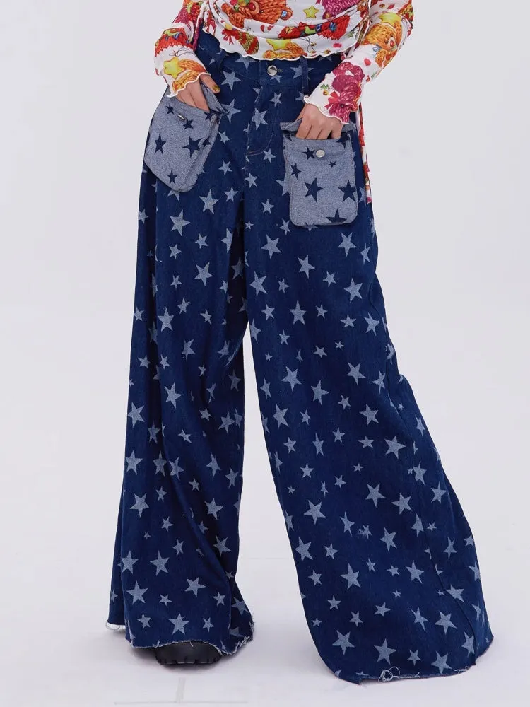 Retro Cute Y2K Star Pattern Wide Leg Loose Mop Jeans Pants【s0000003179】