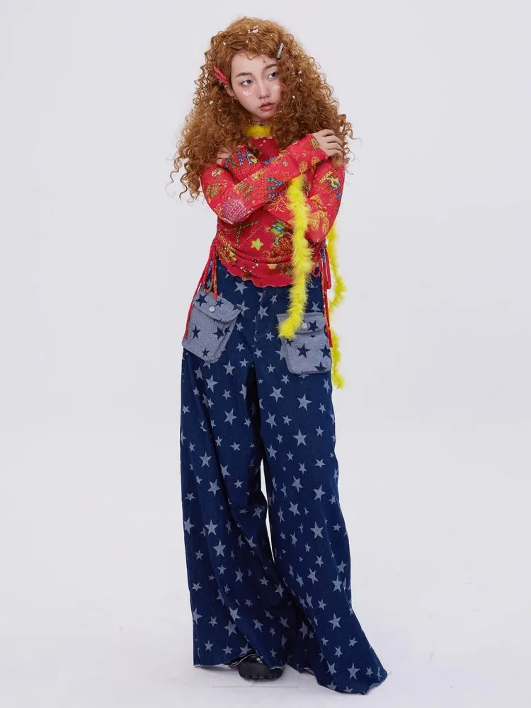 Retro Cute Y2K Star Pattern Wide Leg Loose Mop Jeans Pants【s0000003179】