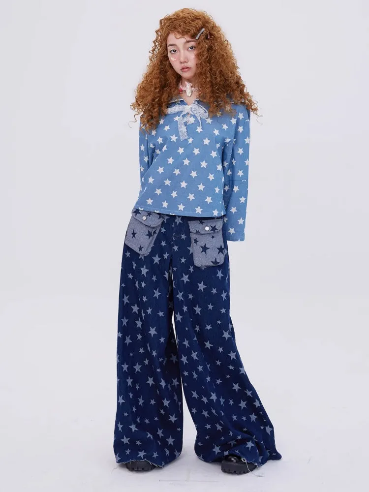Retro Cute Y2K Star Pattern Wide Leg Loose Mop Jeans Pants【s0000003179】