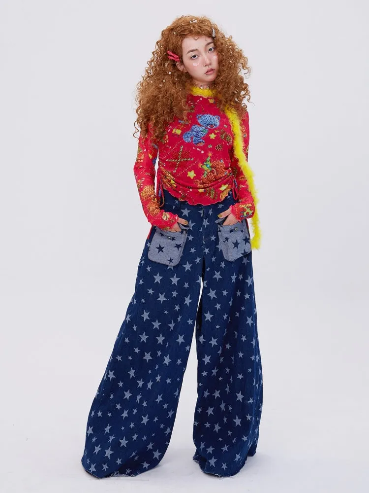 Retro Cute Y2K Star Pattern Wide Leg Loose Mop Jeans Pants【s0000003179】