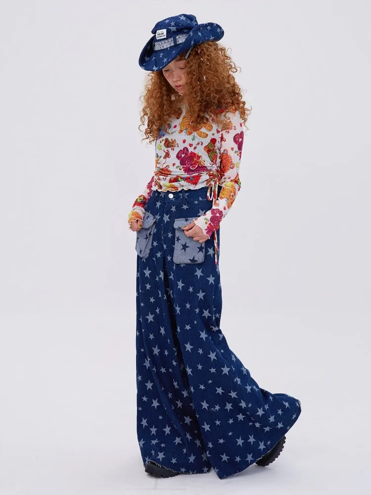 Retro Cute Y2K Star Pattern Wide Leg Loose Mop Jeans Pants【s0000003179】