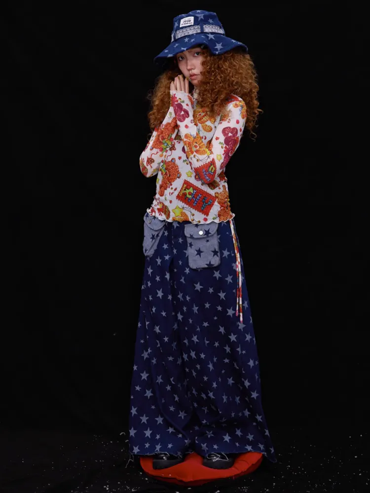 Retro Cute Y2K Star Pattern Wide Leg Loose Mop Jeans Pants【s0000003179】